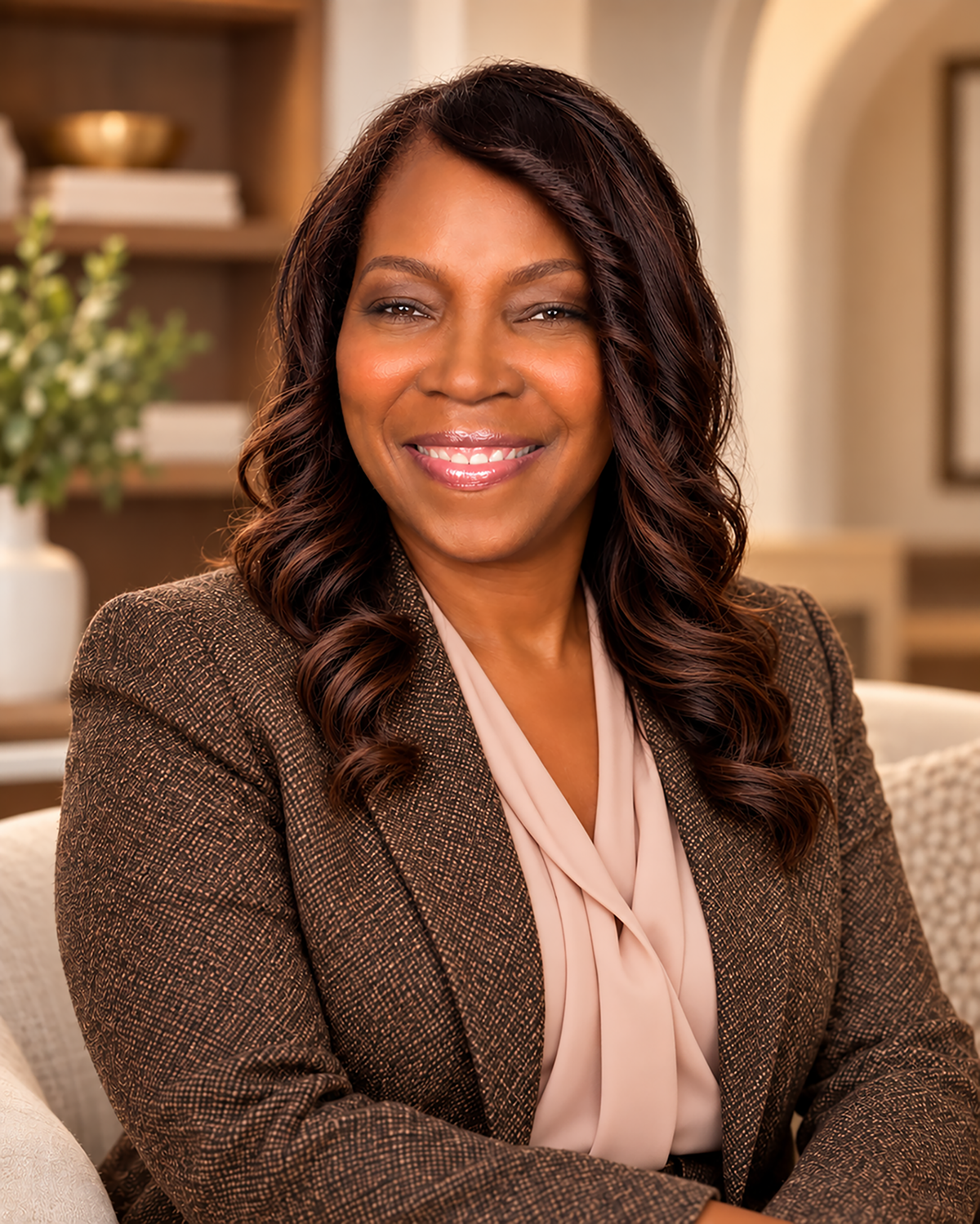 Penny D. Butler wearing a brown tweed jacket